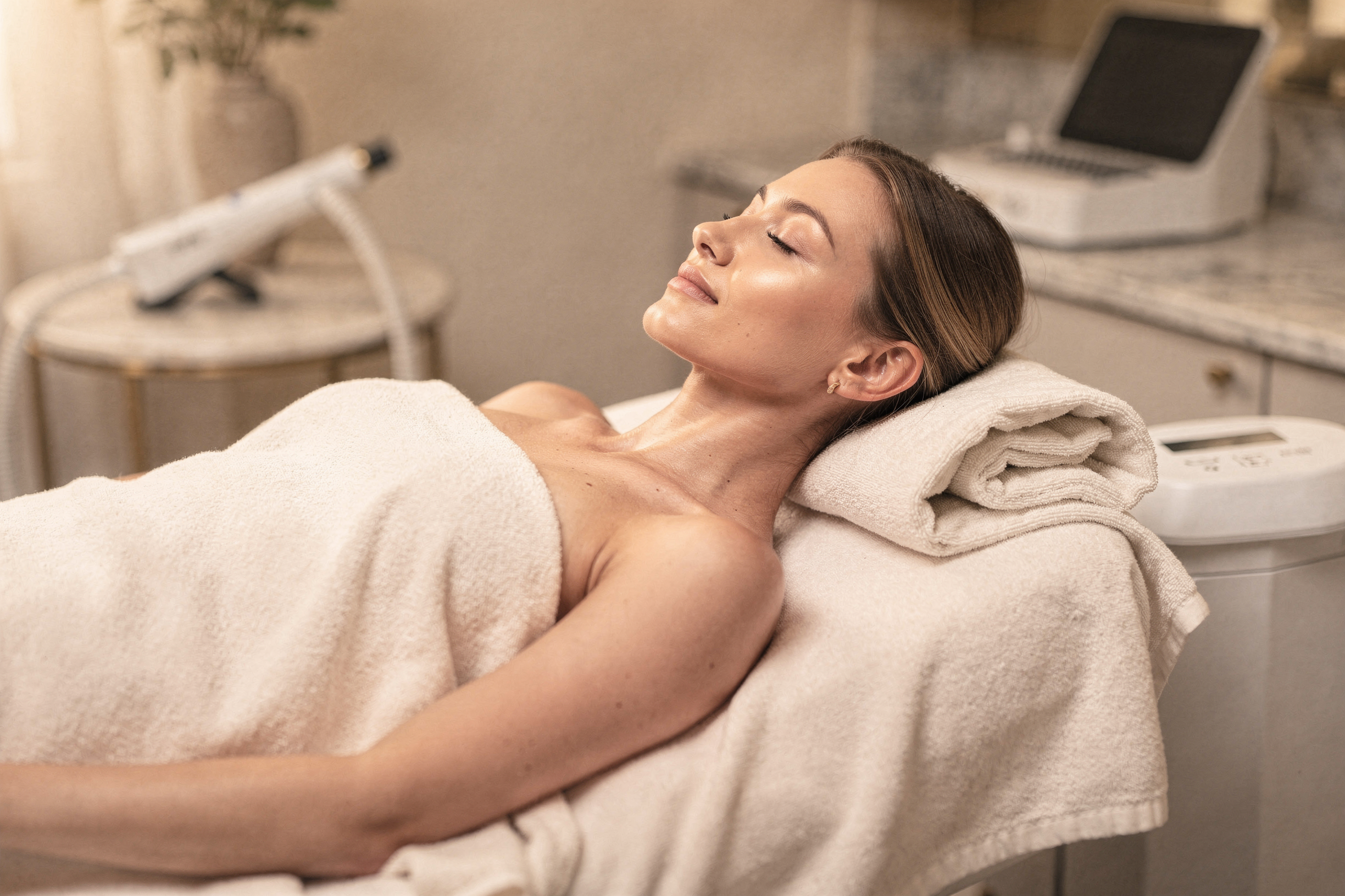 Patient relaxing on treatment bed in laser skin resurfacing room with medical equipment visible